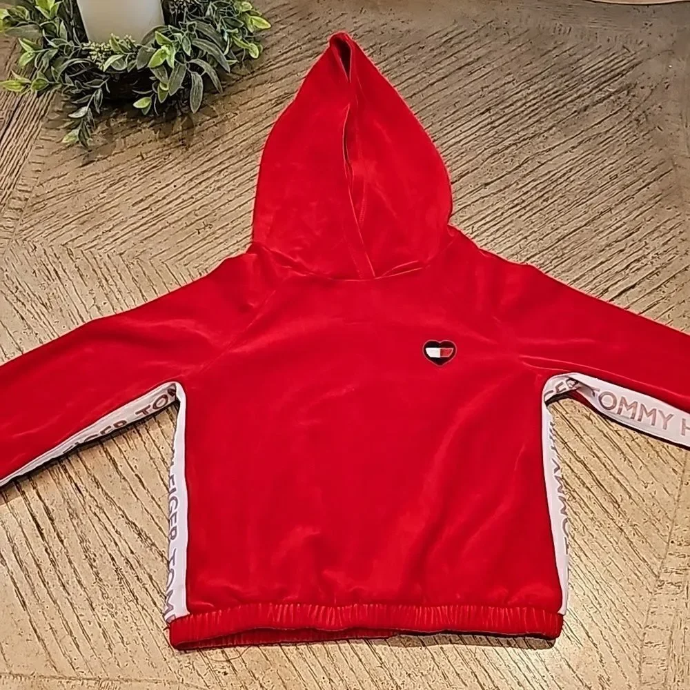 Red Hooded velour sweater size M girls 8/10